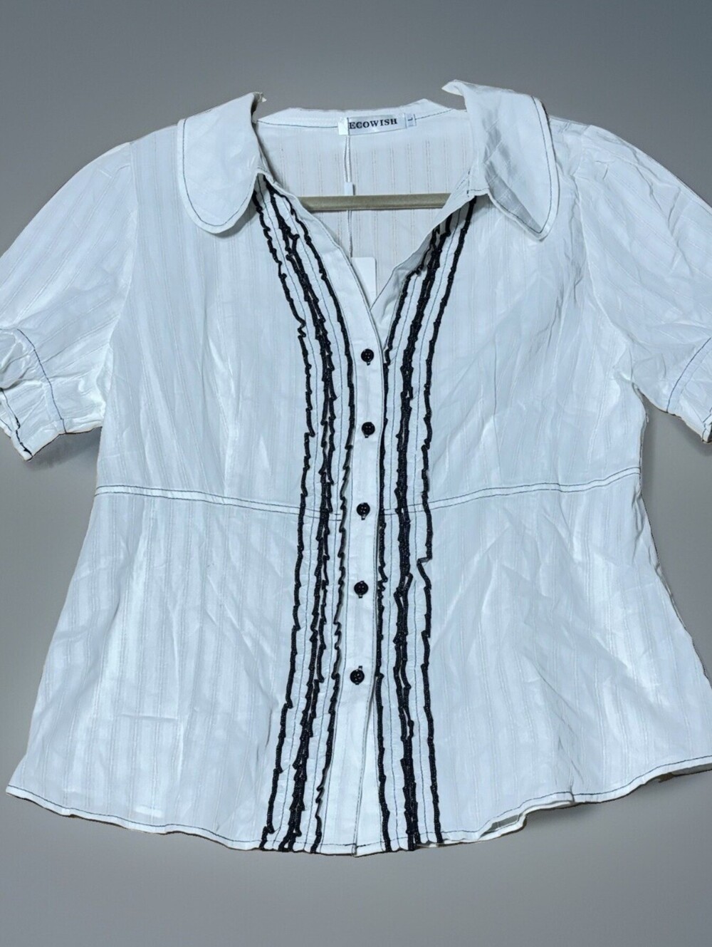 ECOWISH Top blouse White Black Peter Pan collar Vintage Inspo L cottage Core